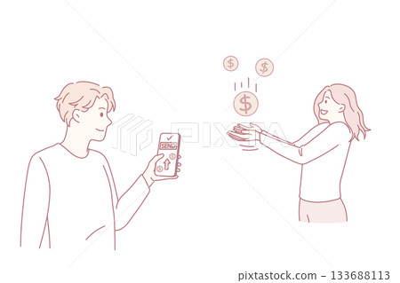 Man send money from smartphone to woman client Man send money from smartphone to woman client 133688113