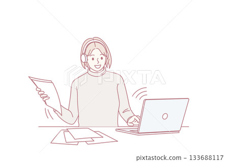 Smiling girl study online from home on computer Smiling girl study online from home on computer 133688117