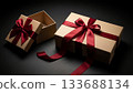 Elegant gift boxes with red ribbon on a dark background, perfect for giving 133688134