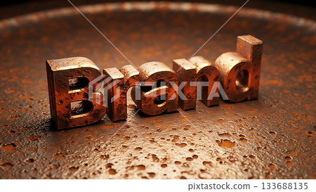 Textured bronze brand name on a rusty metal surface for marketing concepts Textured bronze brand name on a rusty metal surface for marketing concepts 133688135