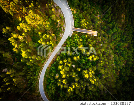 Road and Stegastein viewpoint in mountains Norway. Aerial view Road and Stegastein viewpoint in mountains Norway. Aerial view 133688157