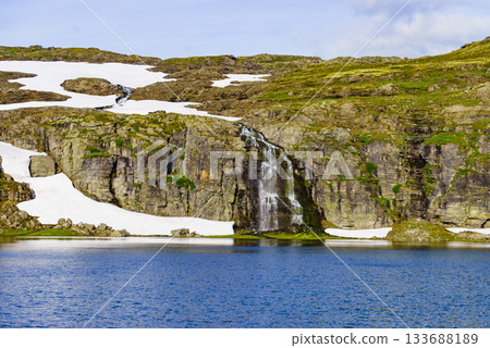 Waterfall and lake Flotvatnet, Aurlandsfjellet Norway Waterfall and lake Flotvatnet, Aurlandsfjellet Norway 133688189