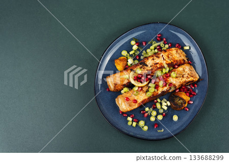 Fried salmon pieces, menu, recipe place. 133688299
