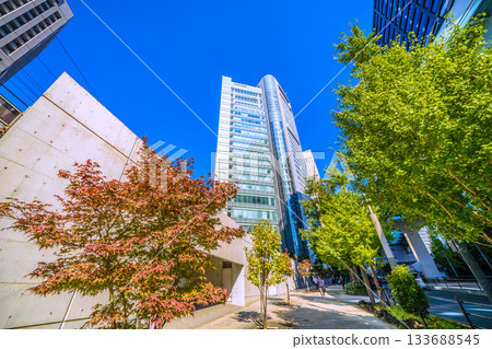 日本東京城市景觀。汐留商業區。 TOPAAN Edge 和共同社新聞社的畫面。 133688545