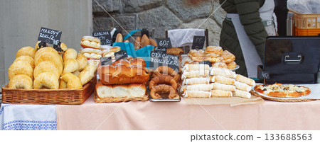 Artisan Bakery Stall at the Bustling Naplavka Market 133688563