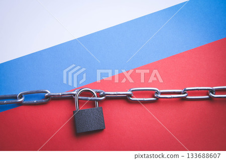 Flag of Russia and a chain with a lock. Country blocking. Prohibited. Flag of Russia and a chain with a lock. Country blocking. Prohibited. 133688607
