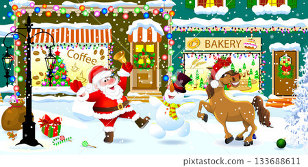 Happy Santa, snowman, and horse celebrate Christmas on a city street Happy Santa, snowman, and horse celebrate Christmas on a city street 133688611