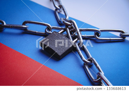 Flag of Russia and a chain with a lock. Country blocking. Prohibited. Flag of Russia and a chain with a lock. Country blocking. Prohibited. 133688613