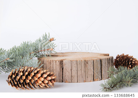 Wooden stand for goods. Stand mockup. New Year's card for advertising. Wooden stand for goods. Stand mockup. New Year's card for advertising. 133688645