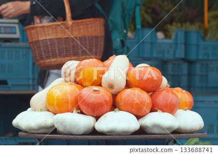 Fresh pumpkins and squash at farmers market Naplavka 133688741