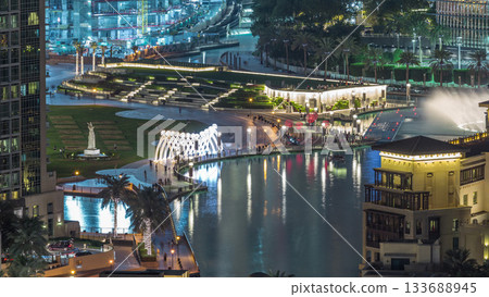Top close up view of the bridge over man-made lake and some people walking in park 133688945