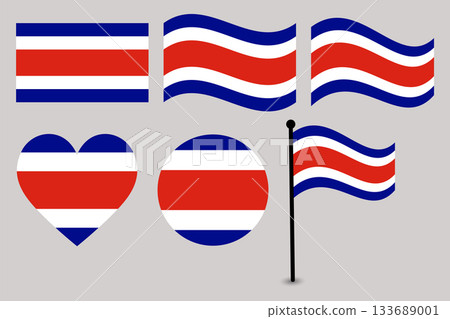Costa Rica National Flag Set Waving, Heart, and Circle Shapes. 133689001