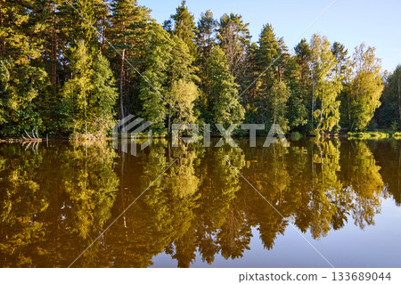 Tranquil River Reflections of Autumn Trees Tranquil River Reflections of Autumn Trees 133689044