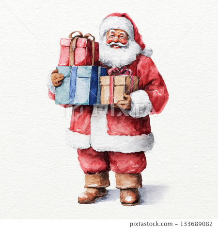 Watercolor Santa Claus holding Christmas gifts clip art illustration isolated on white background 133689082