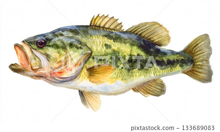Watercolor a large mouth bass fish clip art illustration isolated on white background 133689083