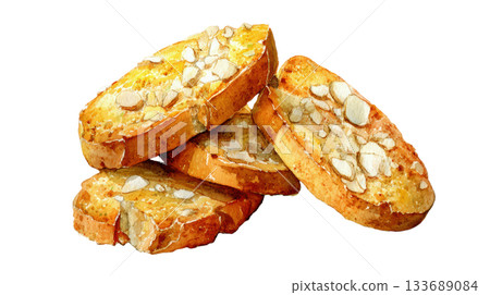 Watercolor almond biscotti cookies with whole almonds scattered clip art illustration isolated on white background 133689084