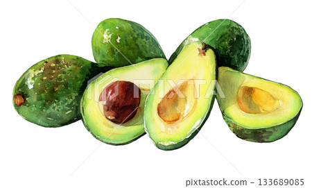 Watercolor fresh avocados fruit clip art illustration isolated on white background 133689085