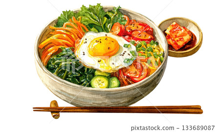 Watercolor fresh fried egg on bibimbap in white bowl with chopsticks clip art illustration isolated on white background Watercolor fresh fried egg on bibimbap in white bowl with chopsticks clip art illustration isolated on white background 133689087