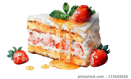 Watercolor slice of strawberry cake with honey clip art illustration isolated on white background Watercolor slice of strawberry cake with honey clip art illustration isolated on white background 133689088
