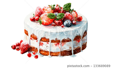 Watercolor strawberry and berry cake clip art illustration isolated on white background Watercolor strawberry and berry cake clip art illustration isolated on white background 133689089