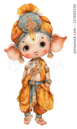 Watercolor cute doll of ganesha god of hindu hinduism wearing yellow clothes cartoon clip art illustration isolated on white background 133689100