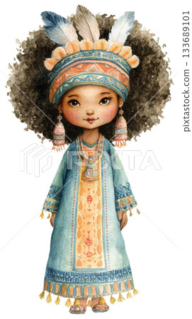 Watercolor cute doll girl african american or ethiopian tribe baby cartoon in national tribal ethnic blue dress costume and earring clip art illustration isolated on white background Watercolor cute doll girl african american or ethiopian tribe baby cartoon in national tribal ethnic blue dress costume and earring clip art illustration isolated on white background 133689101