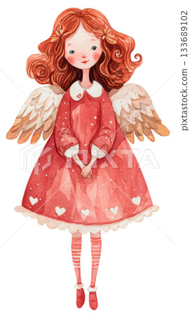 Watercolor cute doll Christmas angel in red dress clip art illustration isolated on white background 133689102