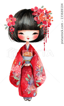 Watercolor cute doll girl geisha clip art illustration isolated on white background 133689104