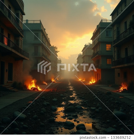 Desolate street illuminated by fire and sunset glow Generative AI Desolate street illuminated by fire and sunset glow Generative AI 133689252