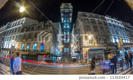 Santa Justa Elevator night timelapse in Lisbon, Portugal. Santa Justa Elevator night timelapse in Lisbon, Portugal. 133689417