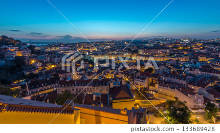 Lisbon panorama after sunset aerial view of city centre with red roofs at autumn day to night timelapse, Portugal Lisbon panorama after sunset aerial view of city centre with red roofs at autumn day to night timelapse, Portugal 133689428