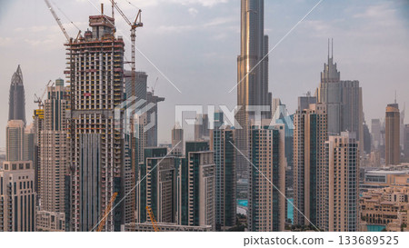 Downtown Dubai skyline with residential towers timelapse, view from rooftop. 133689525