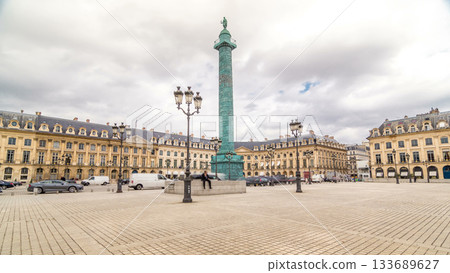 Vendome column with statue of Napoleon Bonaparte on the Place Vendome timelapse hyperlapse. Paris, France. 133689627