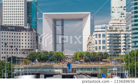 Office buildings in modern part of Paris - La Defense timelapse. Paris, France 133689656