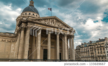 National pantheon building timelapse, front view with street and people. Paris, France 133689667