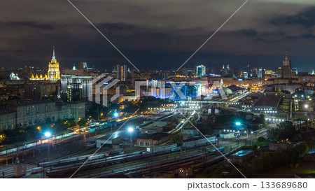 Nighttime panoramic view to Kiev Railway Station timelapse and modern city in Moscow, Russia 133689680