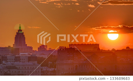 Panorama with Stalin skyscraper during sunset timelapse in Moscow, Russia 133689683