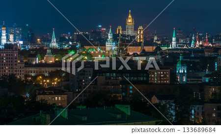 Panoramic view of Moscow timelapse - Kremlin towers, State general store, Stalin skyscraper, residential building at night Panoramic view of Moscow timelapse - Kremlin towers, State general store, Stalin skyscraper, residential building at night 133689684