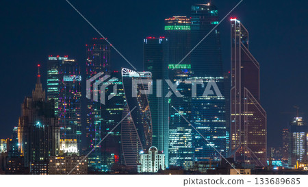 Stalin skyscrapers night timelapse, Moscow International Business Center and panoramic view of Moscow Stalin skyscrapers night timelapse, Moscow International Business Center and panoramic view of Moscow 133689685