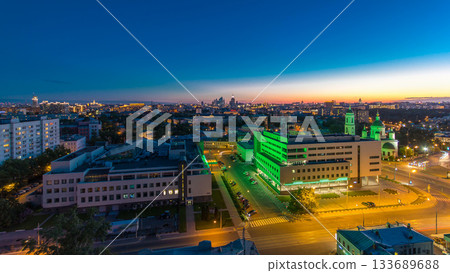Aerial panorama of Moscow day to night timelapse from rooftop. Skyscrapers, Kremlin towers Aerial panorama of Moscow day to night timelapse from rooftop. Skyscrapers, Kremlin towers 133689688