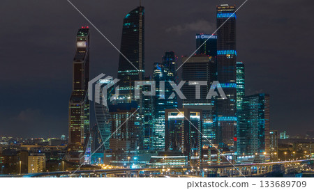 Moscow international business center Moscow City timelapse at night. Urban landscape metropolis night with skyscrapers 133689709