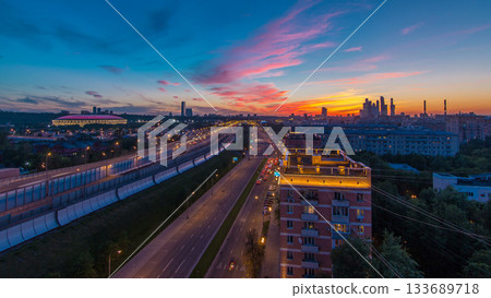 The Third Ring Road after sunset day to night timelapse aerial view from rooftop. Moscow, Russia. 133689718