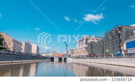 Boats floats on the Moskva River past the Moscow Kremlin and other famous places timelapse hyperlapse, Russia 133689719