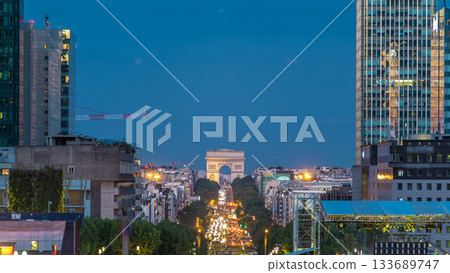 View from above in Defense business district to the Arc de Triumph day to night timelapse, Paris, France 133689747