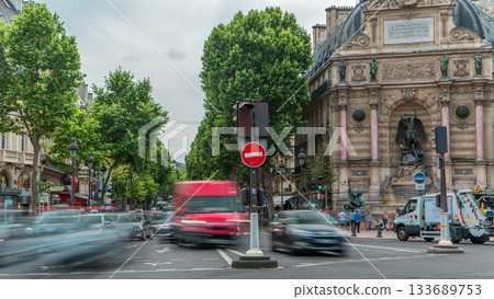 Street view of Place Saint-Michel with ancient fountain timelapse, Paris Street view of Place Saint-Michel with ancient fountain timelapse, Paris 133689753