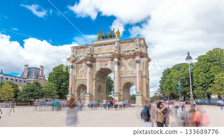 Triumphal Arch timelapse hyperlapse at Tuileries gardens in Paris, France. 133689776