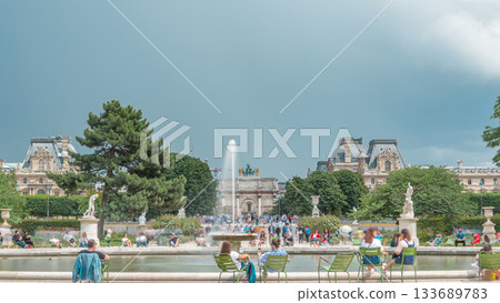 People relaxing in Tuileries Palace open air park near museum timelapse. Paris, France People relaxing in Tuileries Palace open air park near museum timelapse. Paris, France 133689783