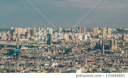 Panorama of Paris aerial timelapse, France. Top view from Montmartre viewpoint. 133689801