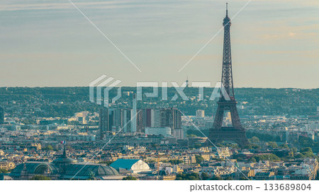 Panorama of Paris aerial timelapse, France. Top view from Montmartre viewpoint. 133689804