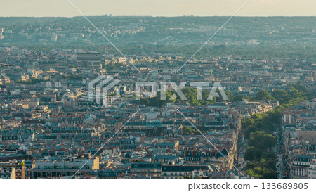 Panorama of Paris aerial timelapse, France. Top view from Montmartre viewpoint. 133689805
